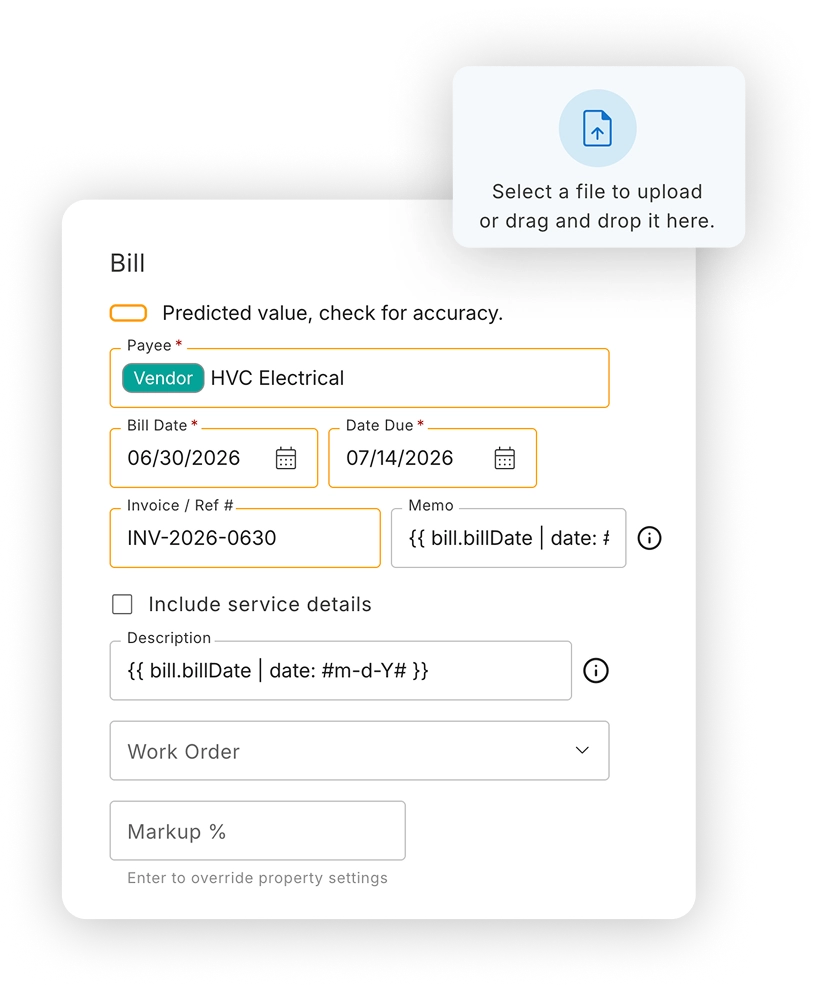 Rentvine AI rapid invoicing interface auto-filling vendor bill fields from an uploaded invoice