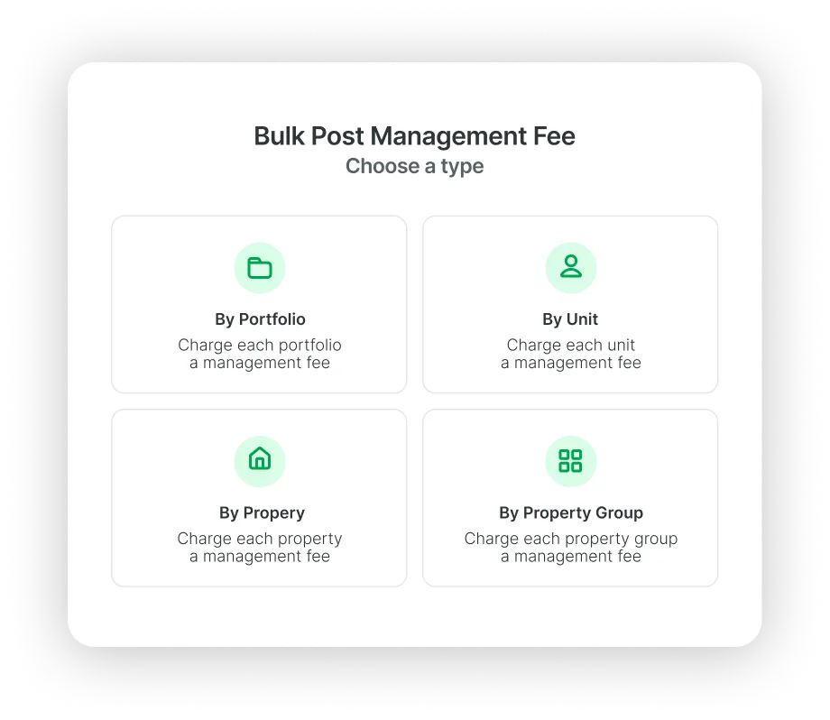 Rentvine bulk post management fee interface with portfolio, unit, property, and property group options