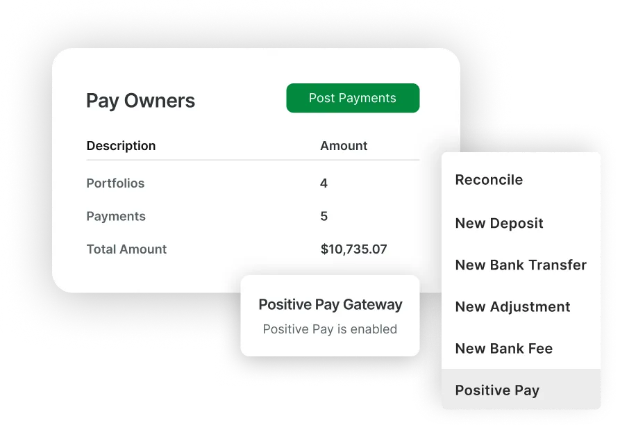 Rentvine Pay Owners bulk distribution screen showing portfolios, payments, total amount, and Positive Pay gateway confirmation