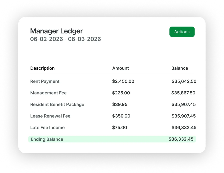 Rentvine Manager Ledger interface showing management fees, income entries, and ending balance