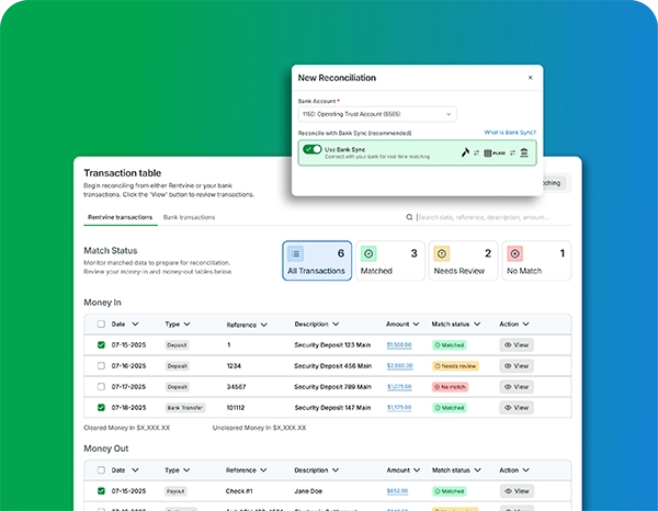 Rentvine trust accounting transaction table with bank reconciliation matching