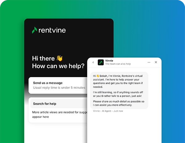 Rentvine support chat with Vinnie, the virtual assistant