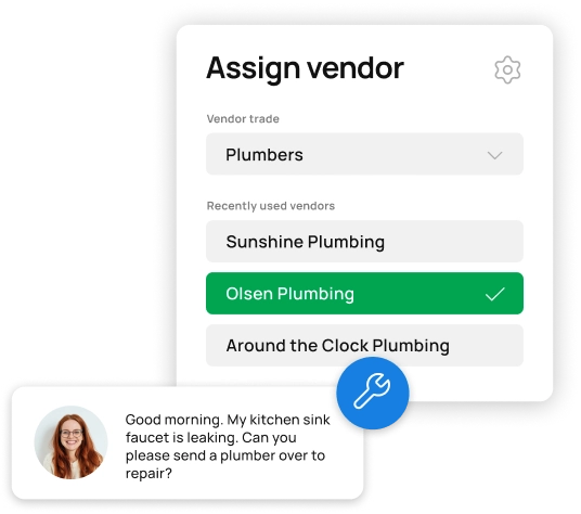 Tenant maintenance request with assign-vendor workflow inside Rentvine.