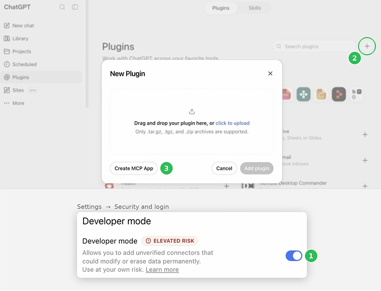 ChatGPT settings with Developer mode enabled, Plugins sidebar, and Create MCP App in the new plugin window