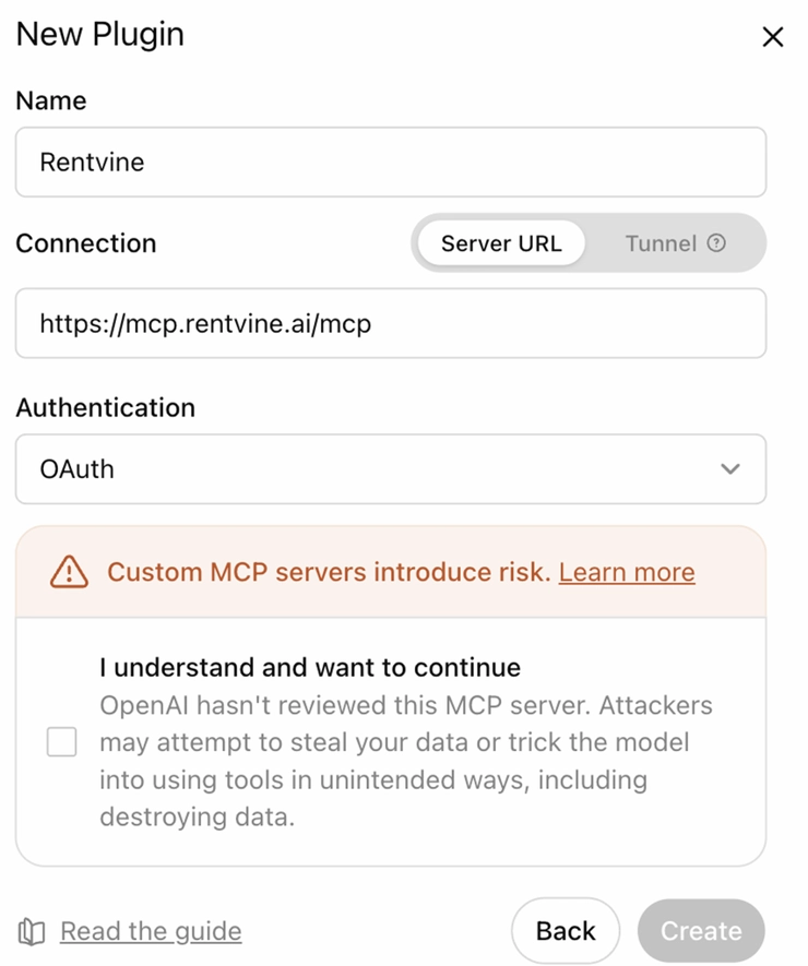 ChatGPT MCP app form with Rentvine name and URL, Rentvine sign-in, and Rentvine selected in a new chat