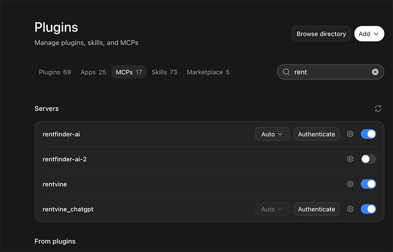 ChatGPT Plugins page with MCP Server option