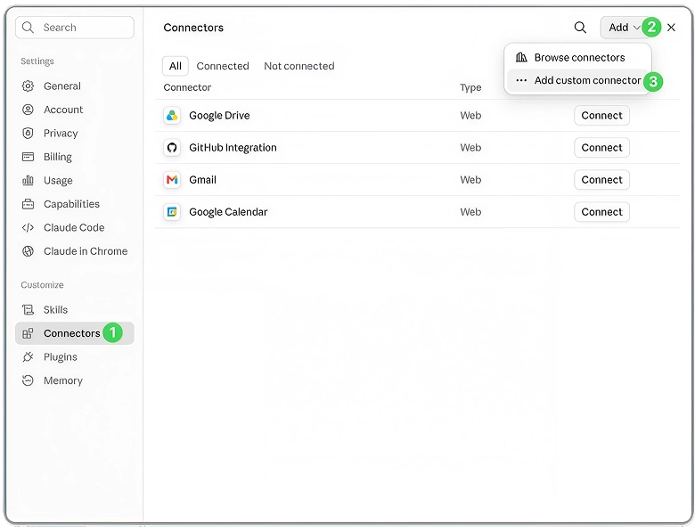 Claude settings screen showing Connectors and Add custom connector