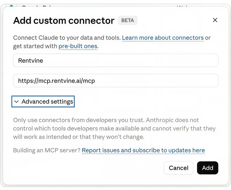 Claude custom connector form with Rentvine name and MCP server URL filled in