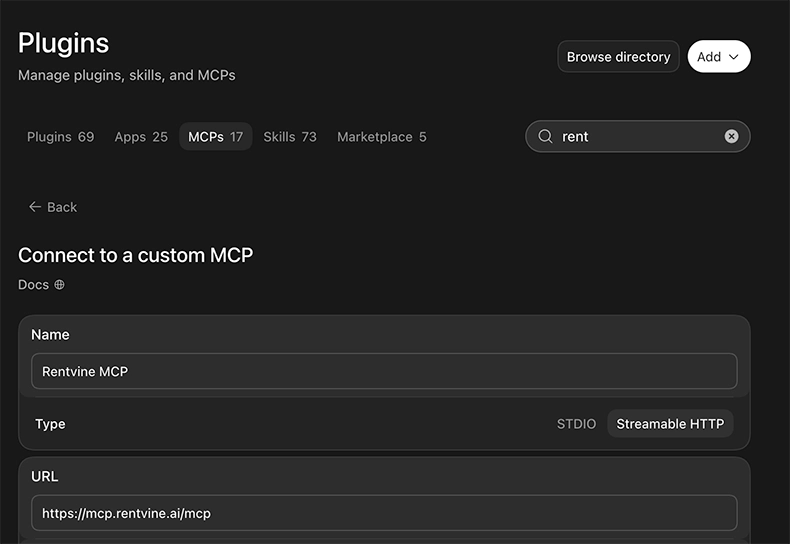 MCP Server pop-up in ChatGPT filled with name and URL