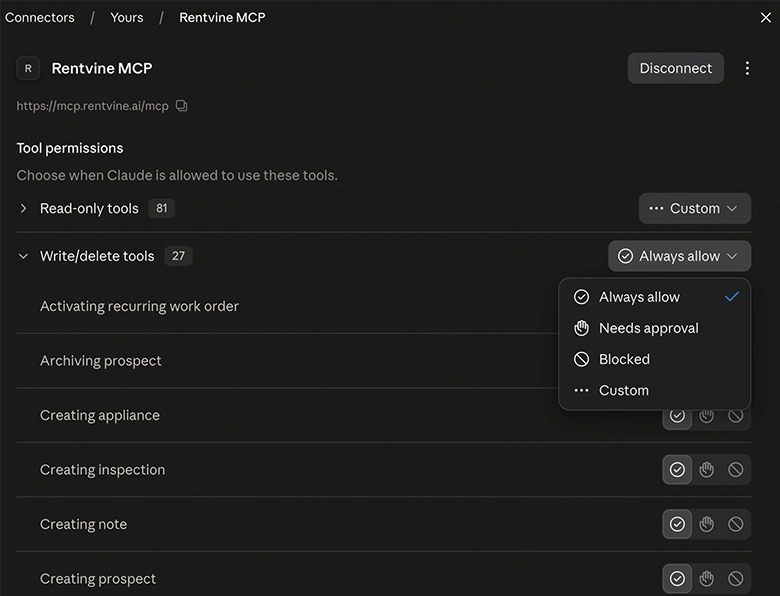 Claude connector permissions set to always allow