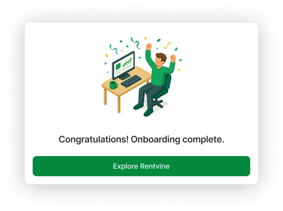 Property manager celebrating at a desk with confetti after completing onboarding