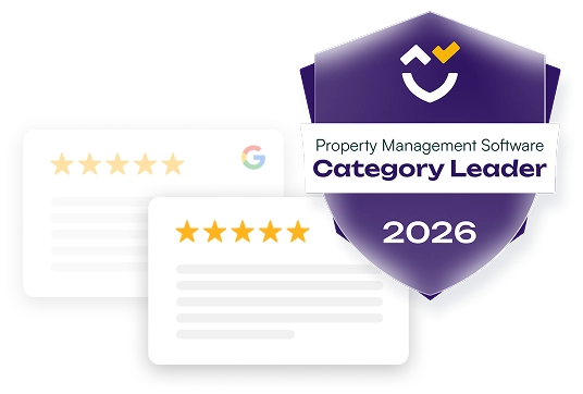 Google review cards and 2026 Property Management Software Category Leader badge from propertymanagement.com